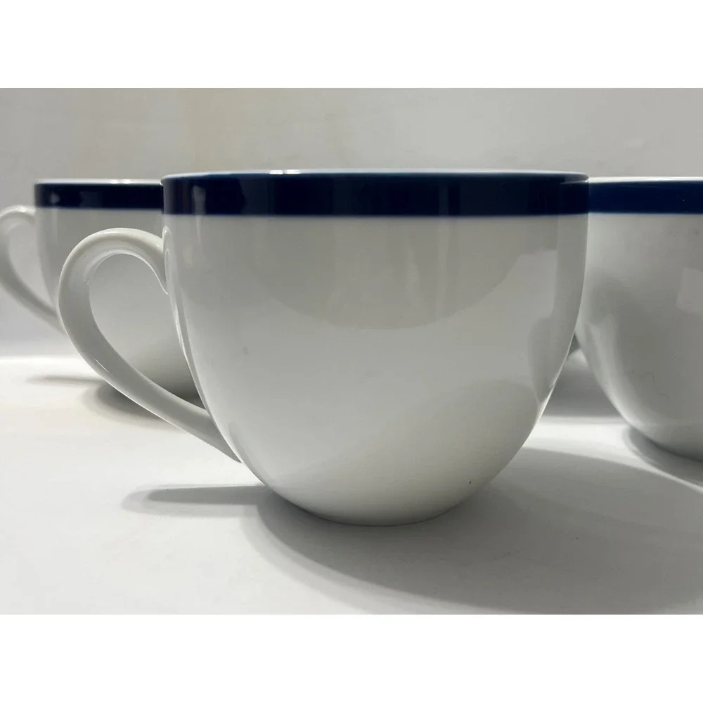 Williams Sonoma Brasserie Coffee Cups Set of 4 White Blue Rim Japan Bistro Mugs